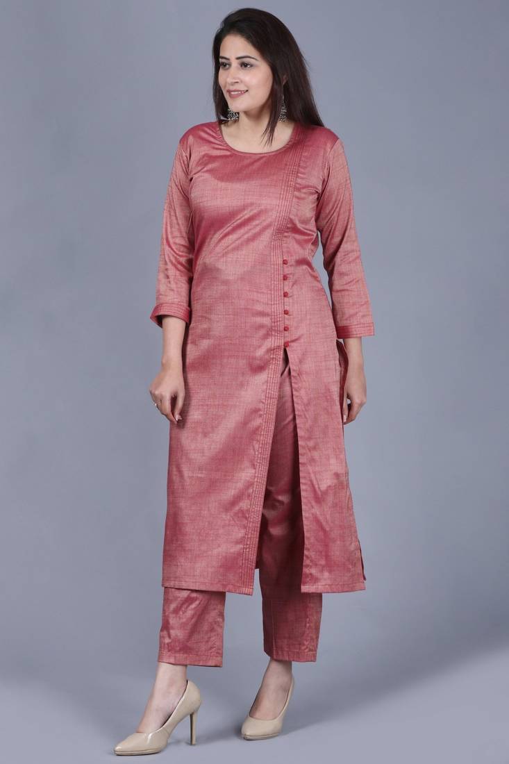 Pinkish Silk Side Slit Kurti with Straight Pants