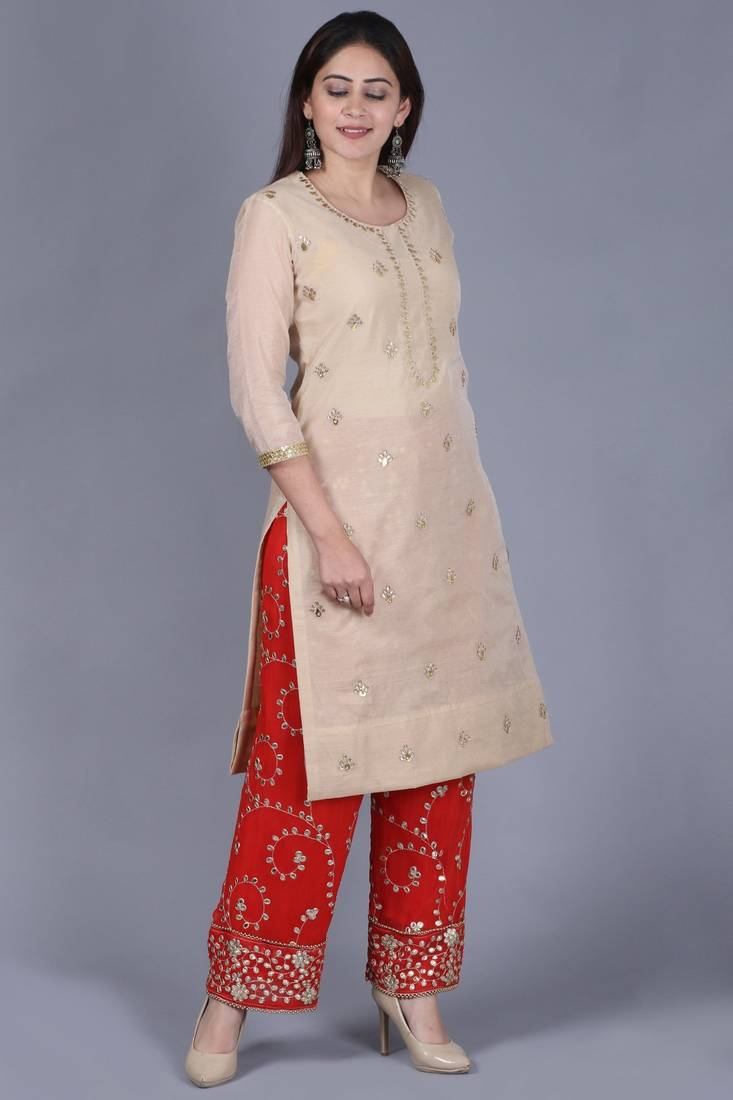 Gold Gotta Straight Kurti with Red Gotta Embroidered Palazzo