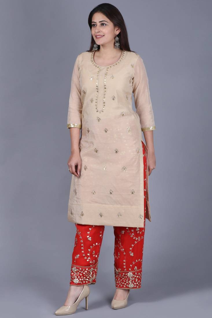 Gold Gotta Straight Kurti with Red Gotta Embroidered Palazzo