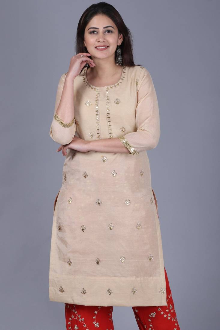Gold Gotta Straight Kurti with Red Gotta Embroidered Palazzo