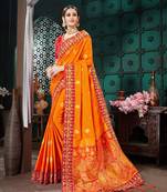 Yellow embroidered Banarasi silk saree with blouse