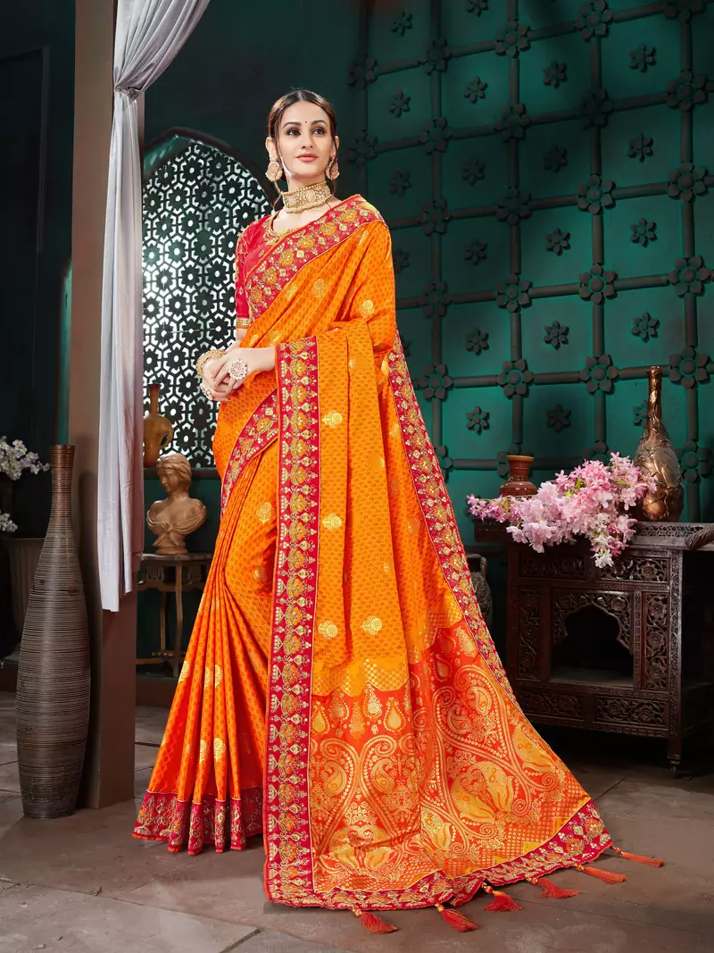 Yellow embroidered Banarasi silk saree with blouse