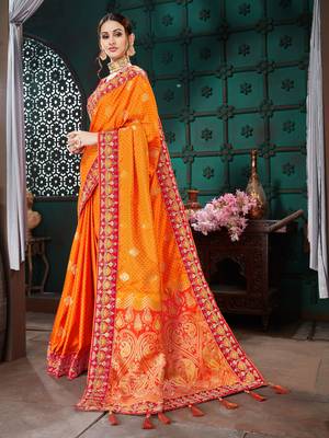 Yellow embroidered Banarasi silk saree with blouse 2