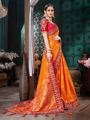 Yellow embroidered Banarasi silk saree with blouse 3