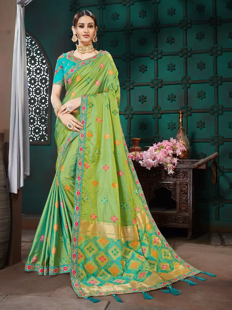 Green embroidered Banarasi Silk saree with blouse