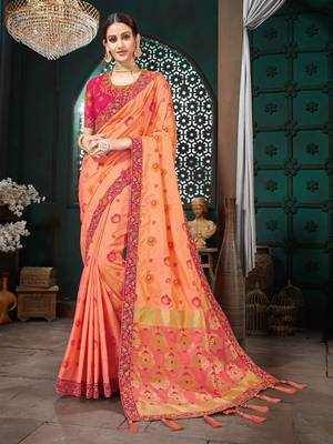 Peach embroidered Banarasi Silk saree with blouse 1