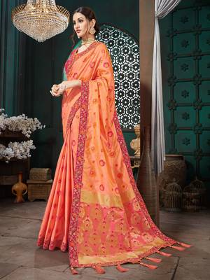 Peach embroidered Banarasi Silk saree with blouse 2