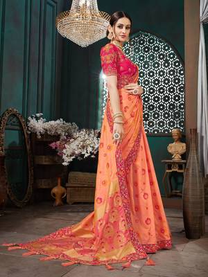 Peach embroidered Banarasi Silk saree with blouse 3