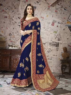 Dark blue embroidered poly silk saree with blouse 1