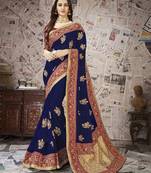 Dark blue embroidered poly silk saree with blouse