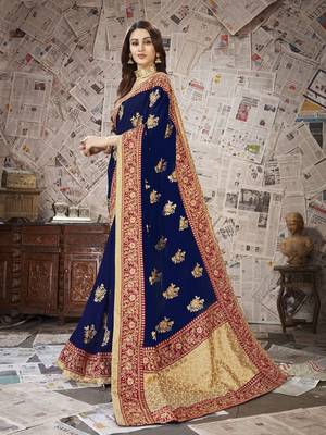 Dark blue embroidered poly silk saree with blouse 2