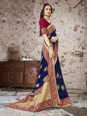 Dark blue embroidered poly silk saree with blouse 3