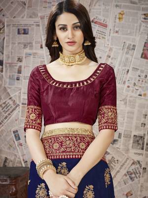 Dark blue embroidered poly silk saree with blouse 4