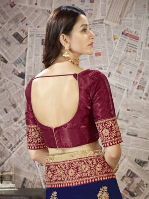 Dark blue embroidered poly silk saree with blouse 5