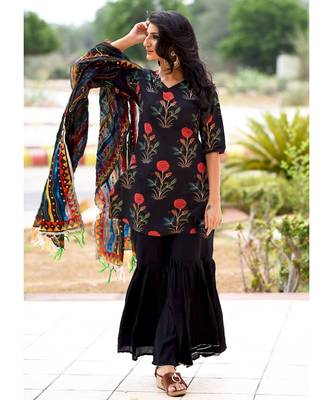 Black Block Printed Mughal Boota With Sharara Pant 5