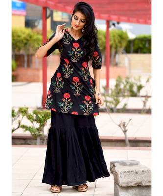 Black Block Printed Mughal Boota With Sharara Pant 6