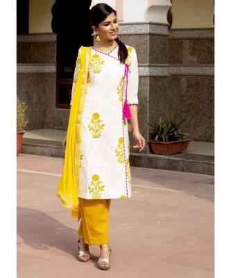 Amber Mughal Butta Handblock Kurta Set With Pale Yellow Dupatta 1