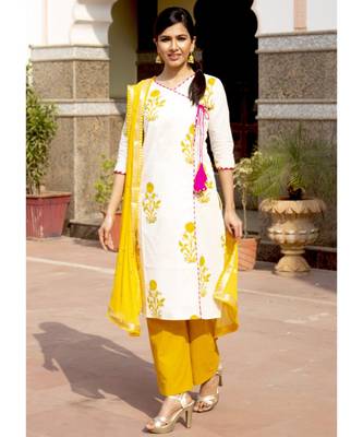 Amber Mughal Butta Handblock Kurta Set With Pale Yellow Dupatta 3