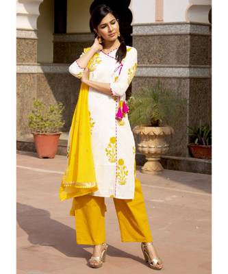 Amber Mughal Butta Handblock Kurta Set With Pale Yellow Dupatta 5