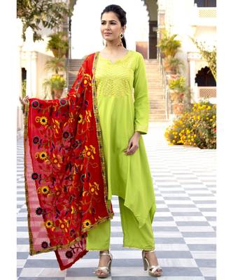 Grass Green High Low Gota Work Kurta Set With Red Dupatta 1