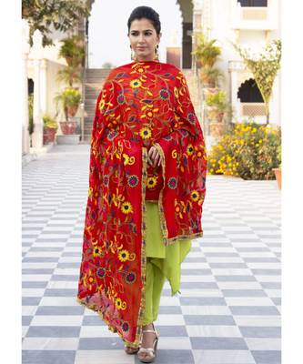 Grass Green High Low Gota Work Kurta Set With Red Dupatta 2