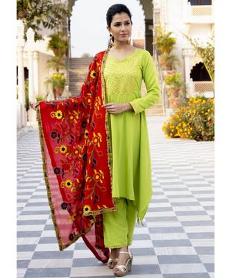 Grass Green High Low Gota Work Kurta Set With Red Dupatta 4