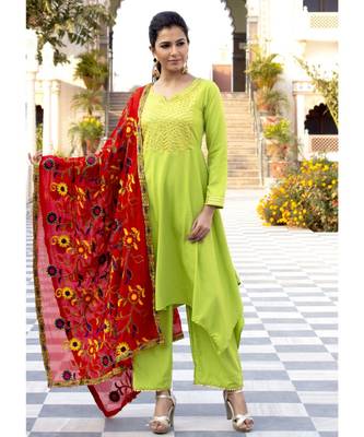 Grass Green High Low Gota Work Kurta Set With Red Dupatta 6