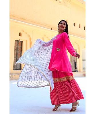 Fuchsia Pink Gotta Work Sharara Set With White Dupatta 1