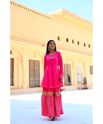 Fuchsia Pink Gotta Work Sharara Set With White Dupatta 3