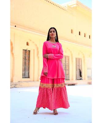 Fuchsia Pink Gotta Work Sharara Set With White Dupatta 4