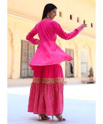 Fuchsia Pink Gotta Work Sharara Set With White Dupatta 6