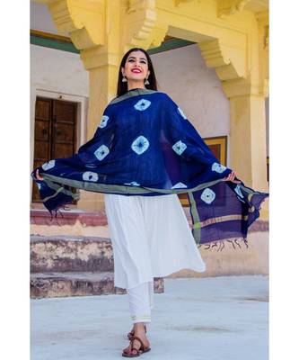 Pearl White Suit Set With Indigo Bandej Dupatta 1