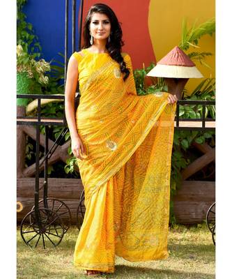 Beautiful Yellow Bandhej Saree With Blouse 1