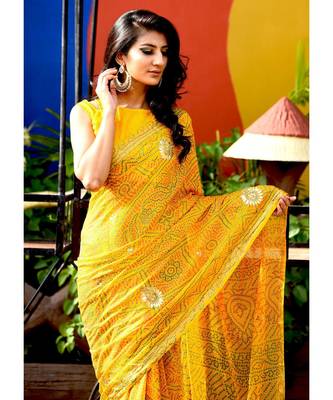 Beautiful Yellow Bandhej Saree With Blouse 2