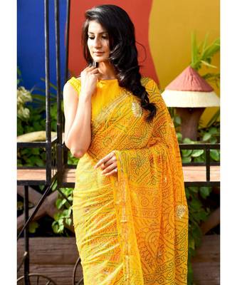 Beautiful Yellow Bandhej Saree With Blouse 3