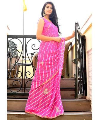Beautiful Pink Lahariya Saree With Blouse 1