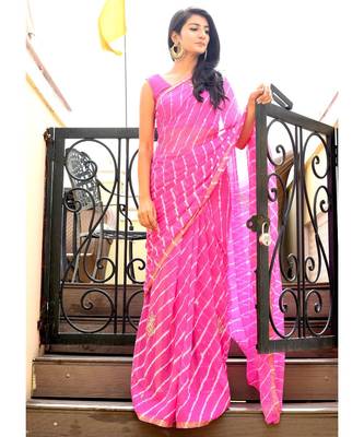 Beautiful Pink Lahariya Saree With Blouse 2