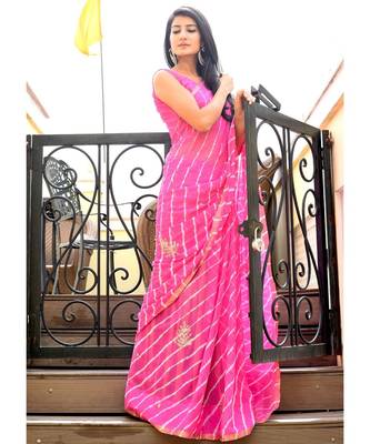 Beautiful Pink Lahariya Saree With Blouse 3