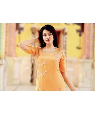 Peach Orange Gherdaar Skirt And Kameez Set With Hand Zari Gotta Work 3