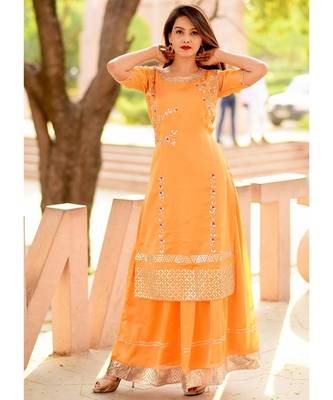 Peach Orange Gherdaar Skirt And Kameez Set With Hand Zari Gotta Work 4
