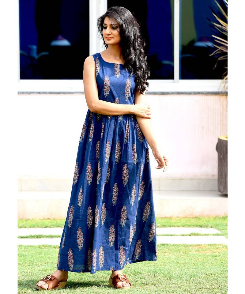 Blue Block Print Maxi Dress Thread & Button 2948898