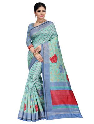 Turquoise woven raw silk saree with blouse 1