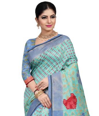 Turquoise woven raw silk saree with blouse 2