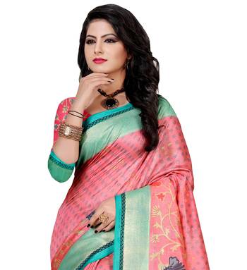 Pink woven raw silk saree with blouse 2