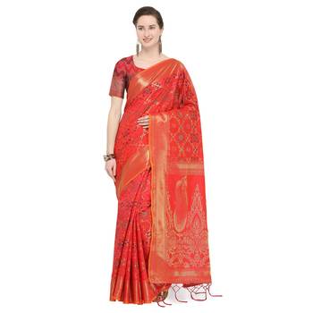 Red woven banarasi silk blend saree with blouse 1