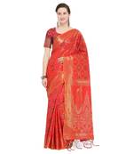 Red woven banarasi silk blend saree with blouse