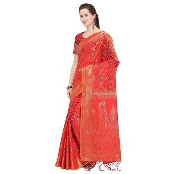 Red woven banarasi silk blend saree with blouse 2