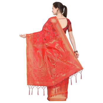 Red woven banarasi silk blend saree with blouse 3
