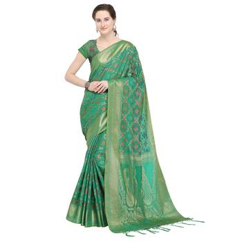 Green woven banarasi silk blend saree with blouse 1