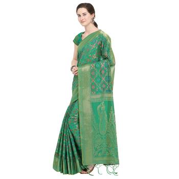 Green woven banarasi silk blend saree with blouse 2